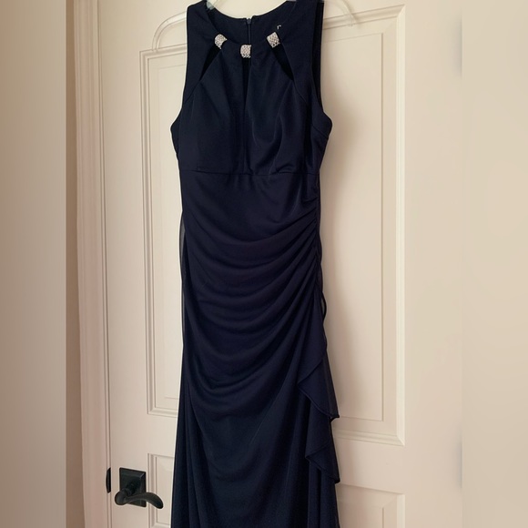 Betsy & Adam 💖 Rhinestone Accent Formal Ruched Navy Gown Womens 14 - Picture 6 of 16